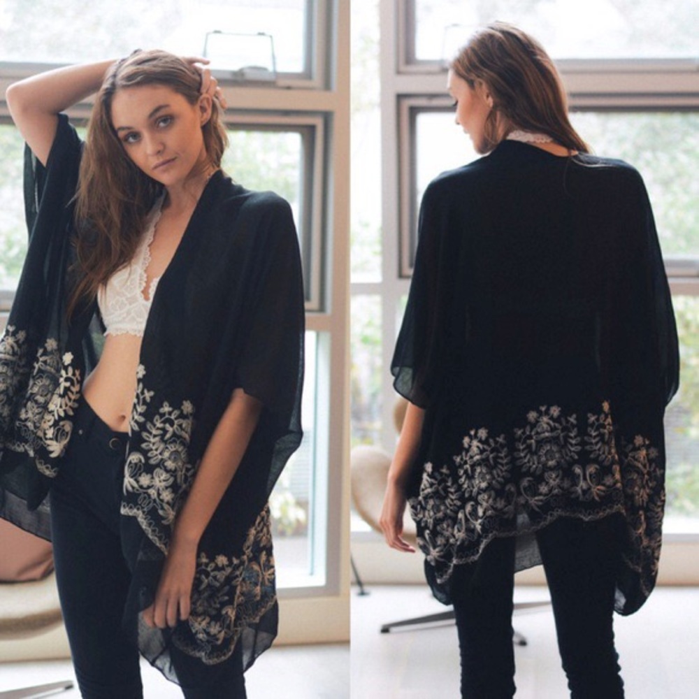 Black Floral Embroidered Stitch Lightweight Kimono One Size